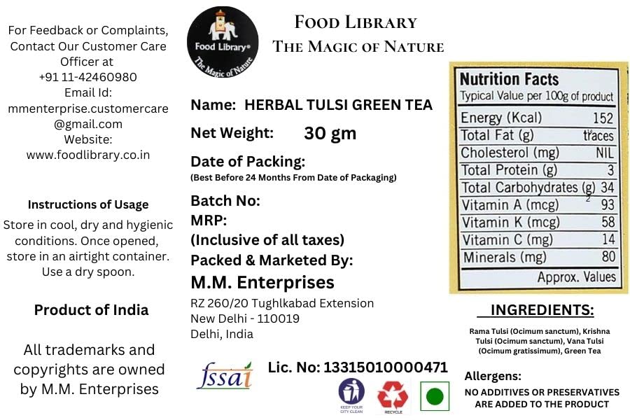 Food Library The Magic of Nature Herbal Tulsi Green Tea, 30g
