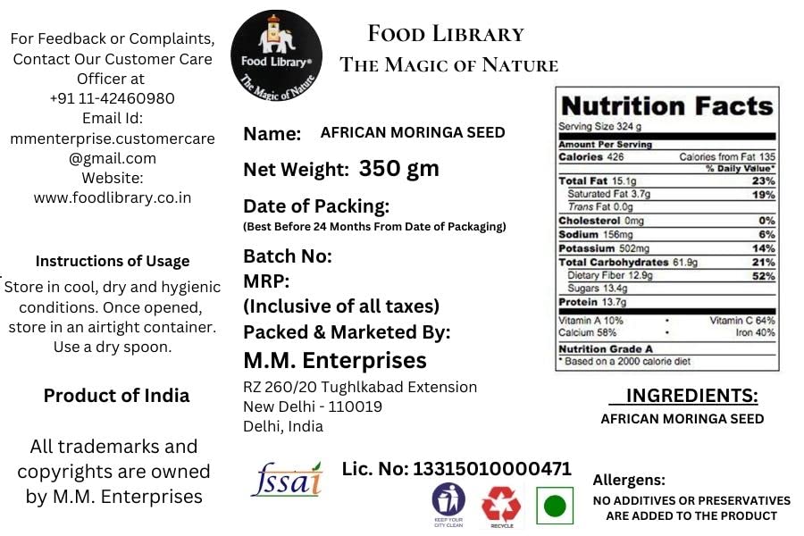 Food Library The Magic of Nature African Moringa/ Drumstick/ Sahijan Seeds, 350gm