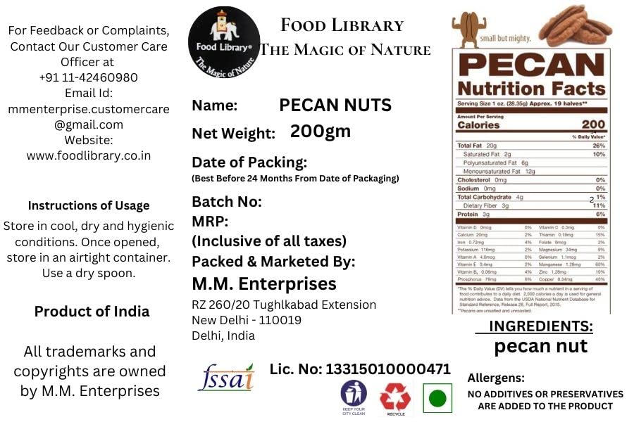 Food Library The Magic of Nature Raw Pecan Nuts, 200g.