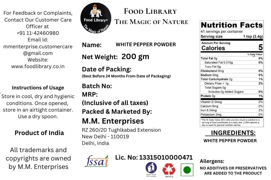 Food Library The Magic Of Nature Authentic Exotic Aromatic Flavourful Indian Spices. (200 gm, White Pepper Powder)