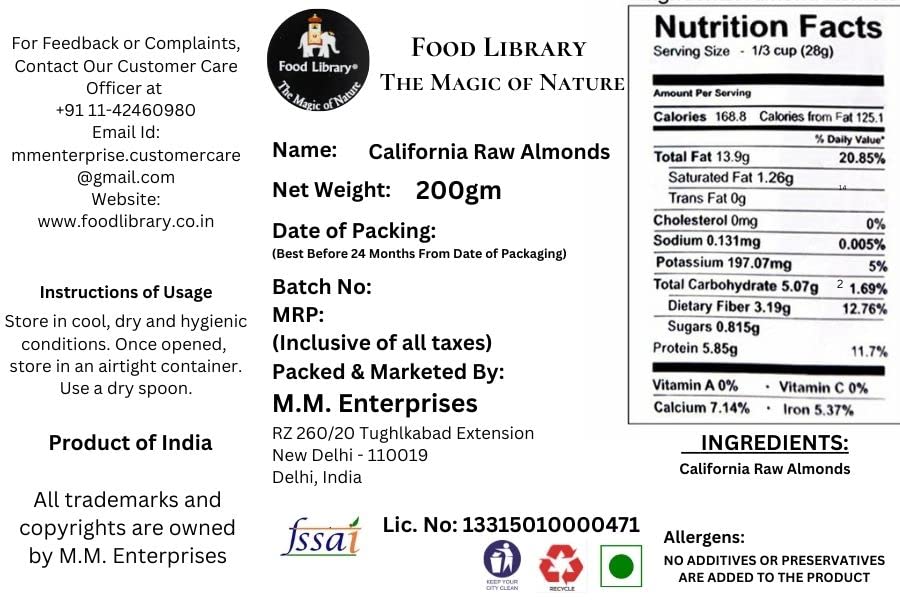 Food Library California Raw Almonds - Badam Giri (200gm)
