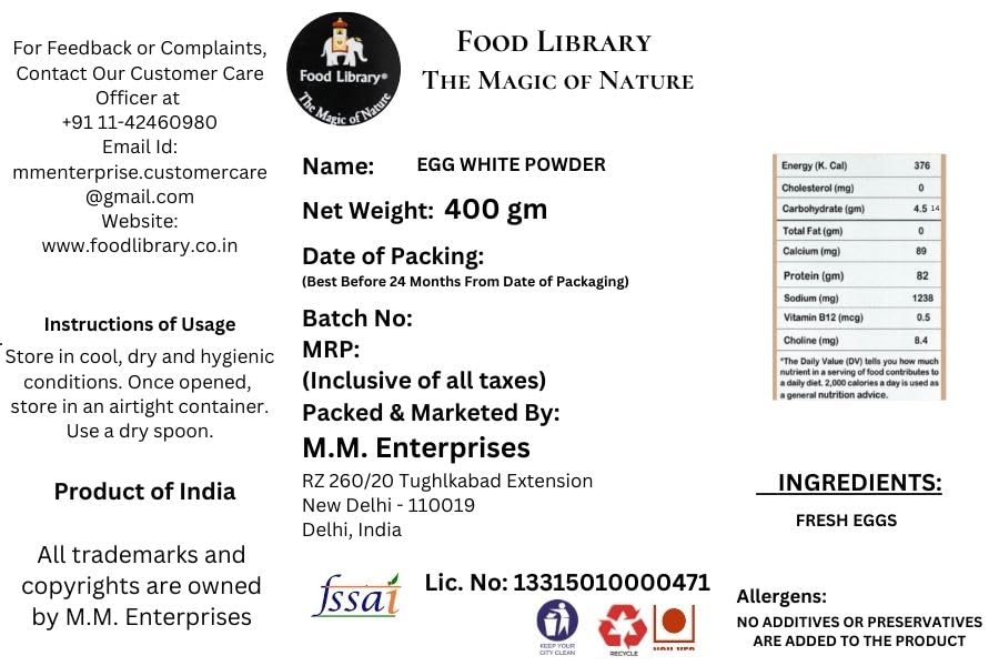 Food Library The Magic Of Nature Premium Egg White Powder - High Protein, Non-GMO, Ideal for Baking and Cooking, 400gm.