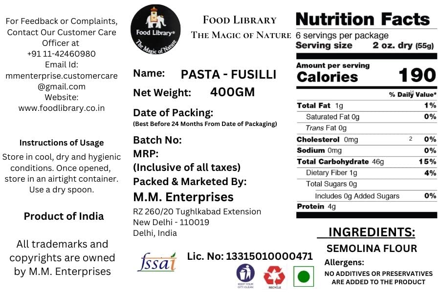 Food Library The Magic of Nature Gluten Free Pasta, 400gm. (400gm, Fusilli (Spiral))