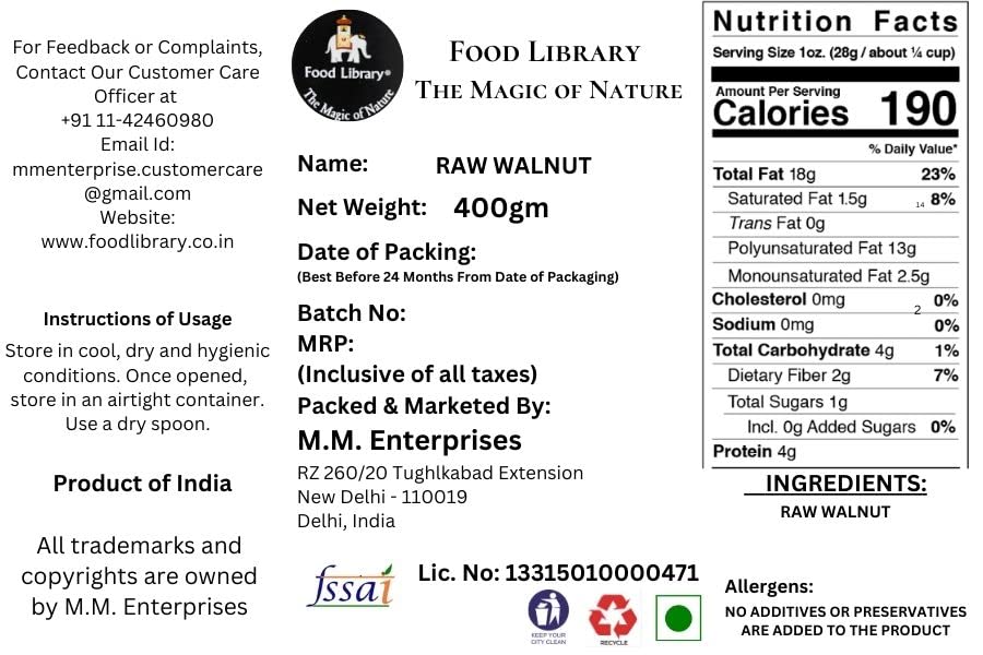 Food Library Raw English Walnut - Akhrot (400 g)