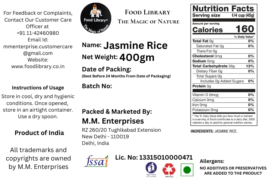 Food Library The Magic Of Nature Fragrant Jasmine Rice - Aromatic Elegance for Exquisite Meals 400gm