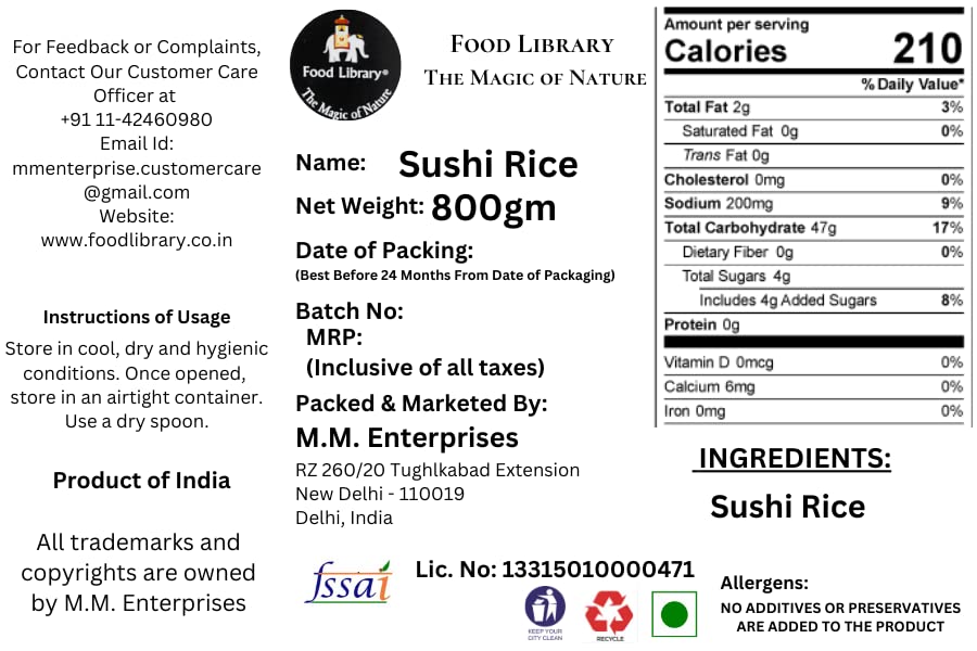 FOOD LIBRARY THE MAGIC OF NATURE Japanese Sushi Rice, 800 Gram