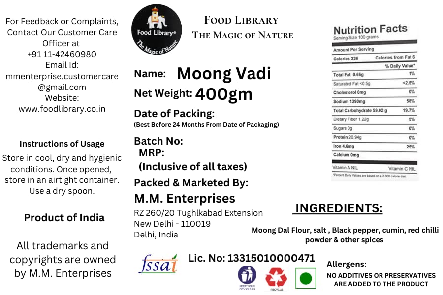 Food Library Moong Dal Wadi - Mangodi (400g)