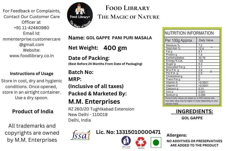 Food Library The Magic of Nature Combo of Ready-to-Fry GOL Gappe (400g) & Instant Pani Puri Masala (100g)