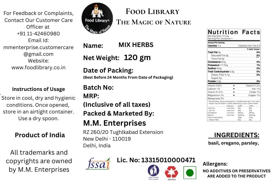 Food Library The Magic of Nature Combo of Oregano, Parsley & Basil Herbs Sprinkler, 120g