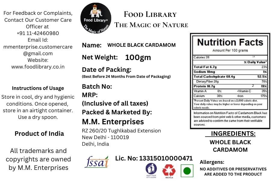 Food Library The Magic of Nature Whole Black Cardamom ( Badi Elaichi ), 100g