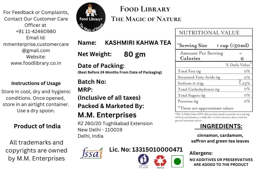 Food Library The Magic of Nature Kashmiri Kahwa Tea With Saffron, 80g (40 cups)