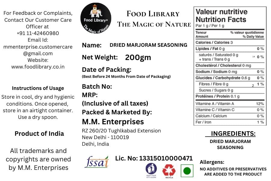 Food Library The Magic of Nature Dried Marjoram Seasoning (Herb), 200g