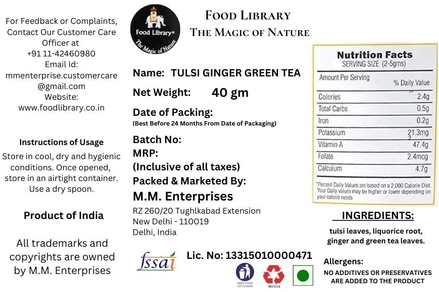 Food Library The Magic of Nature Herbal Tulsi Ginger Green Tea, 40g