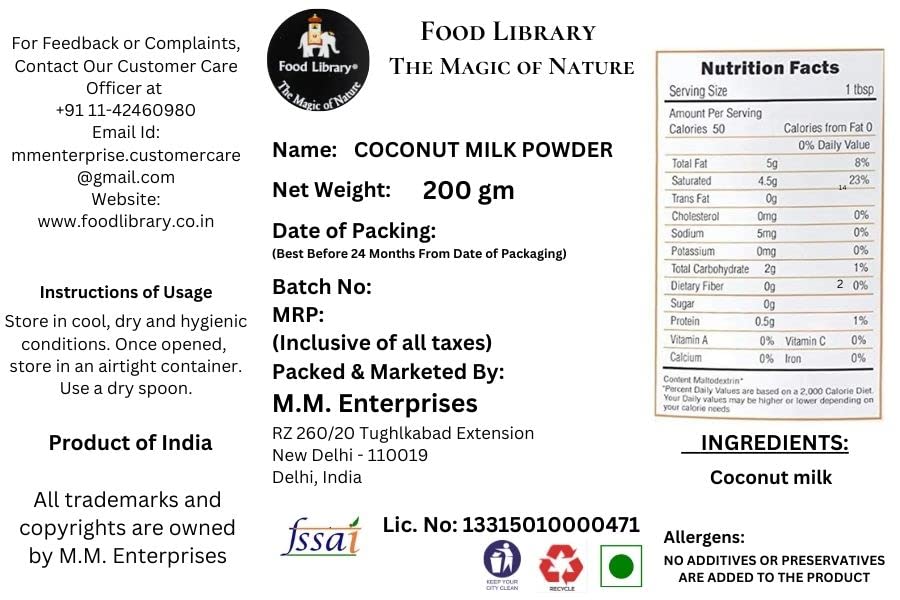 Food Library The Magic Of Nature Coconut Milk Powder, 200g | Preservative-Free | Easy to use | Product of Sri Lanka | Dairy-Free | Source of Protein | Add to smoothies | curries, baked goods.
