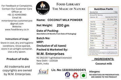 Food Library The Magic Of Nature Coconut Milk Powder, 200g | Preservative-Free | Easy to use | Product of Sri Lanka | Dairy-Free | Source of Protein | Add to smoothies | curries, baked goods.