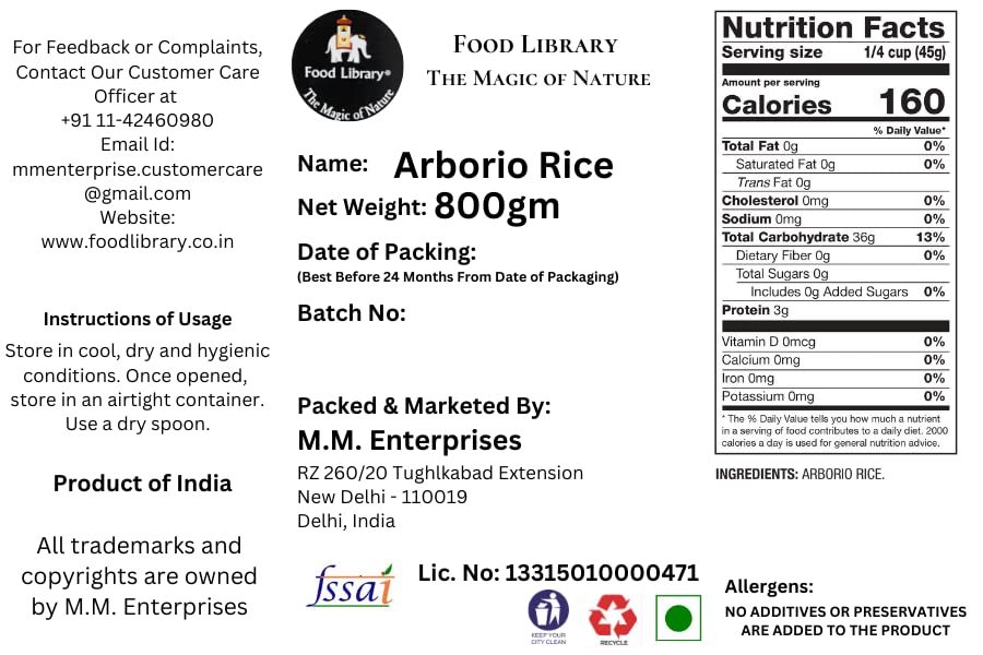FOOD LIBRARY THE MAGIC OF NATURE Italian Arborio Rice, 800 Gram