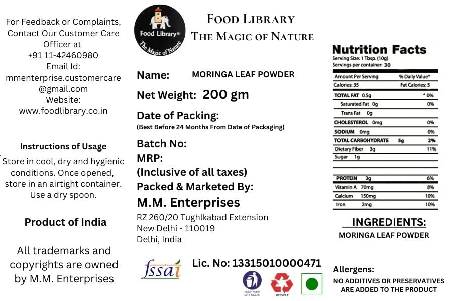 Food Library The Magic of Nature Pure natural Moringa Seed Powder, 200g.