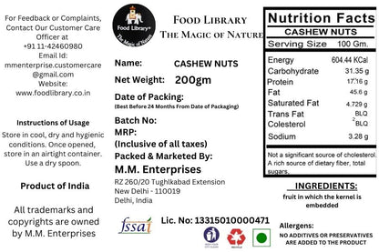 Food Library Cashew Nuts - Kaju (200 g)