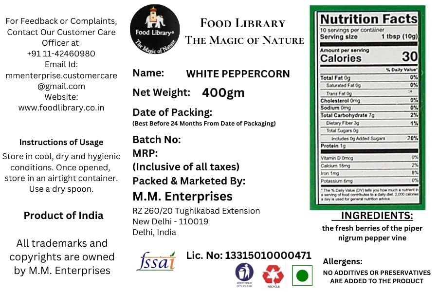 Food Library Whole White Peppercorn ( Sabut Safed Mirch ) (400gm)