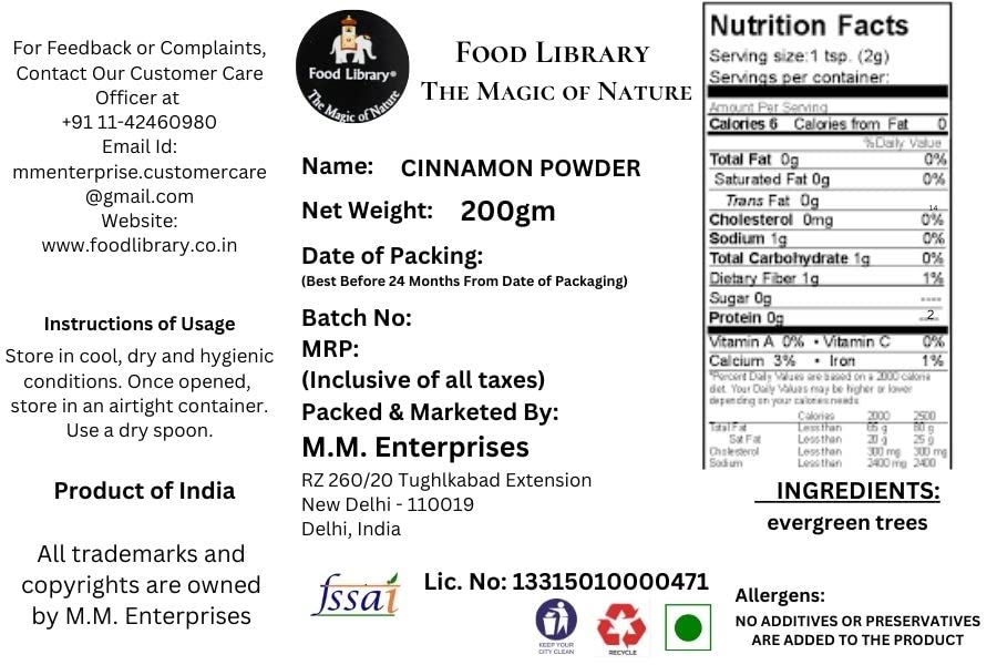 Food Library The Magic Of Nature Authentic Exotic Aromatic Flavourful Indian Spices. (200 gm, Dalchini (Cinnamon) Powder)