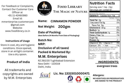 Food Library The Magic Of Nature Authentic Exotic Aromatic Flavourful Indian Spices. (200 gm, Dalchini (Cinnamon) Powder)