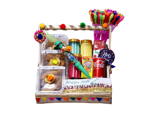 Food Library The Magic Of Nature Holi Gift Hamper | Gift Box | Festival Celebration Gift | Sweet & Namkeen Gift Box | Corporate Hamper | Colourful Pinewood with Handle Festival Gift Tray.