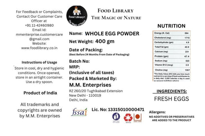Food Library The Magic Of Nature Premium Whole Egg Powder - Natural, Pure, and Versatile Cooking Ingredient, 400gm