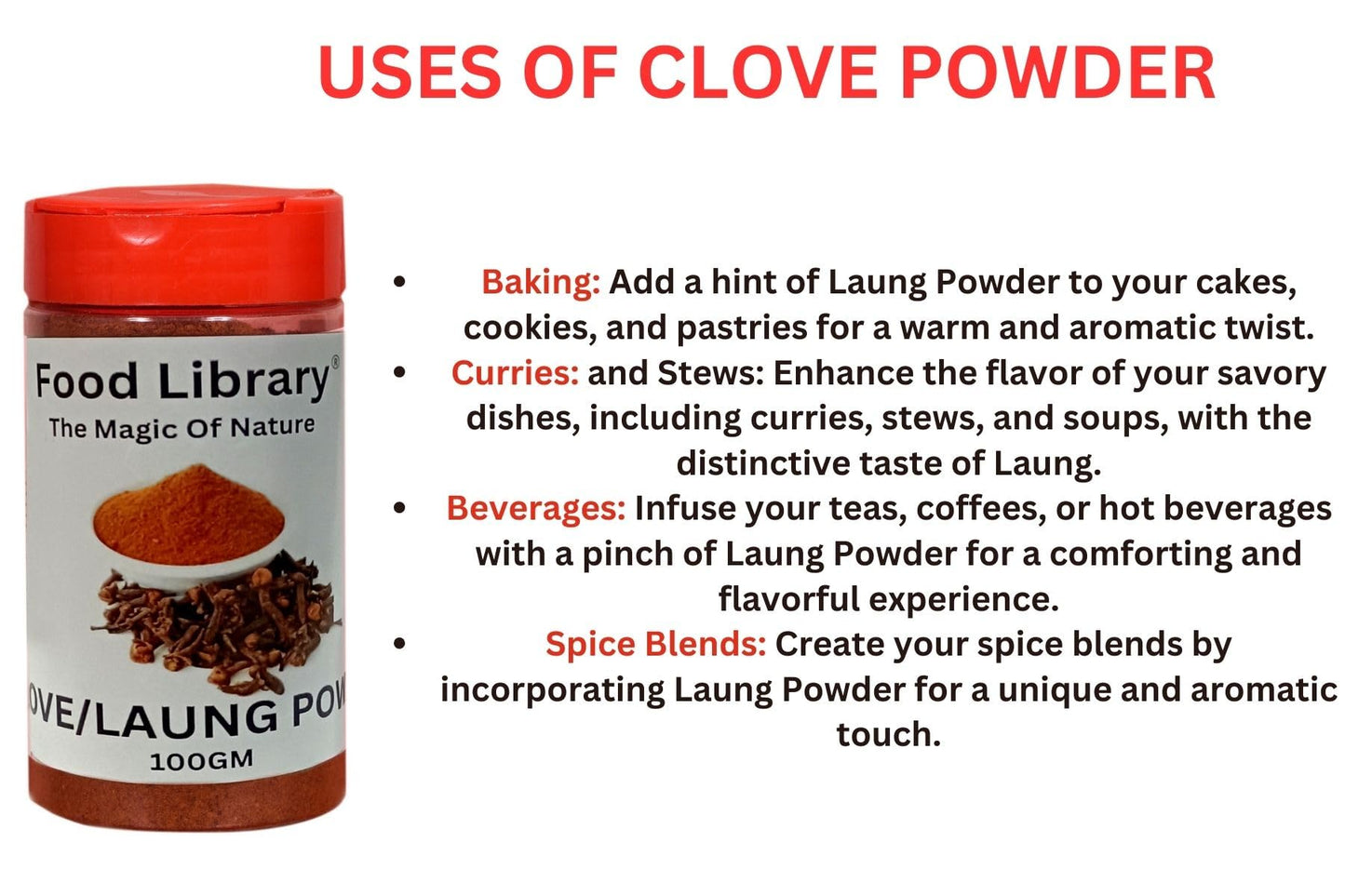Food Library The Magic Of Nature Premium Laung Powder (Cloves Powder) - Aromatic Spice for Culinary Delights, Ground Cloves for Cooking and Seasoning, 100g