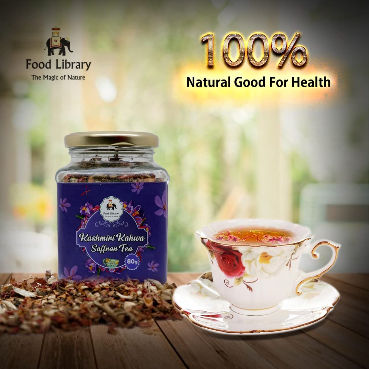 Food Library The Magic of Nature Kashmiri Kahwa Tea With Saffron, 80g (40 cups)