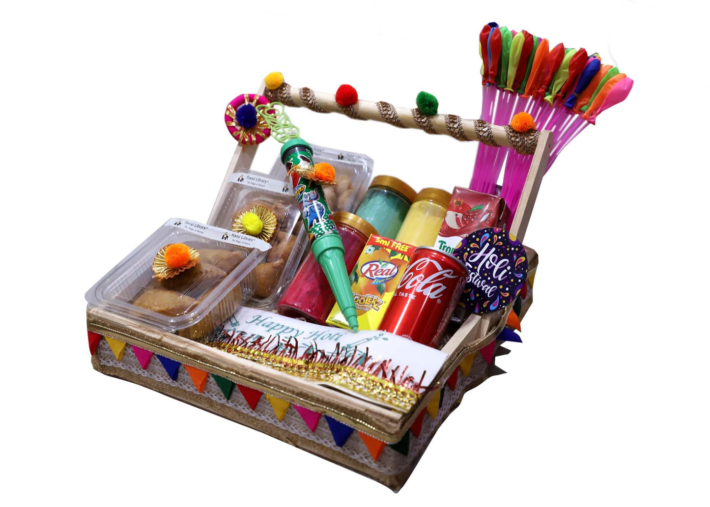 Food Library The Magic Of Nature Holi Gift Hamper | Gift Box | Festival Celebration Gift | Sweet & Namkeen Gift Box | Corporate Hamper | Colourful Pinewood with Handle Festival Gift Tray.