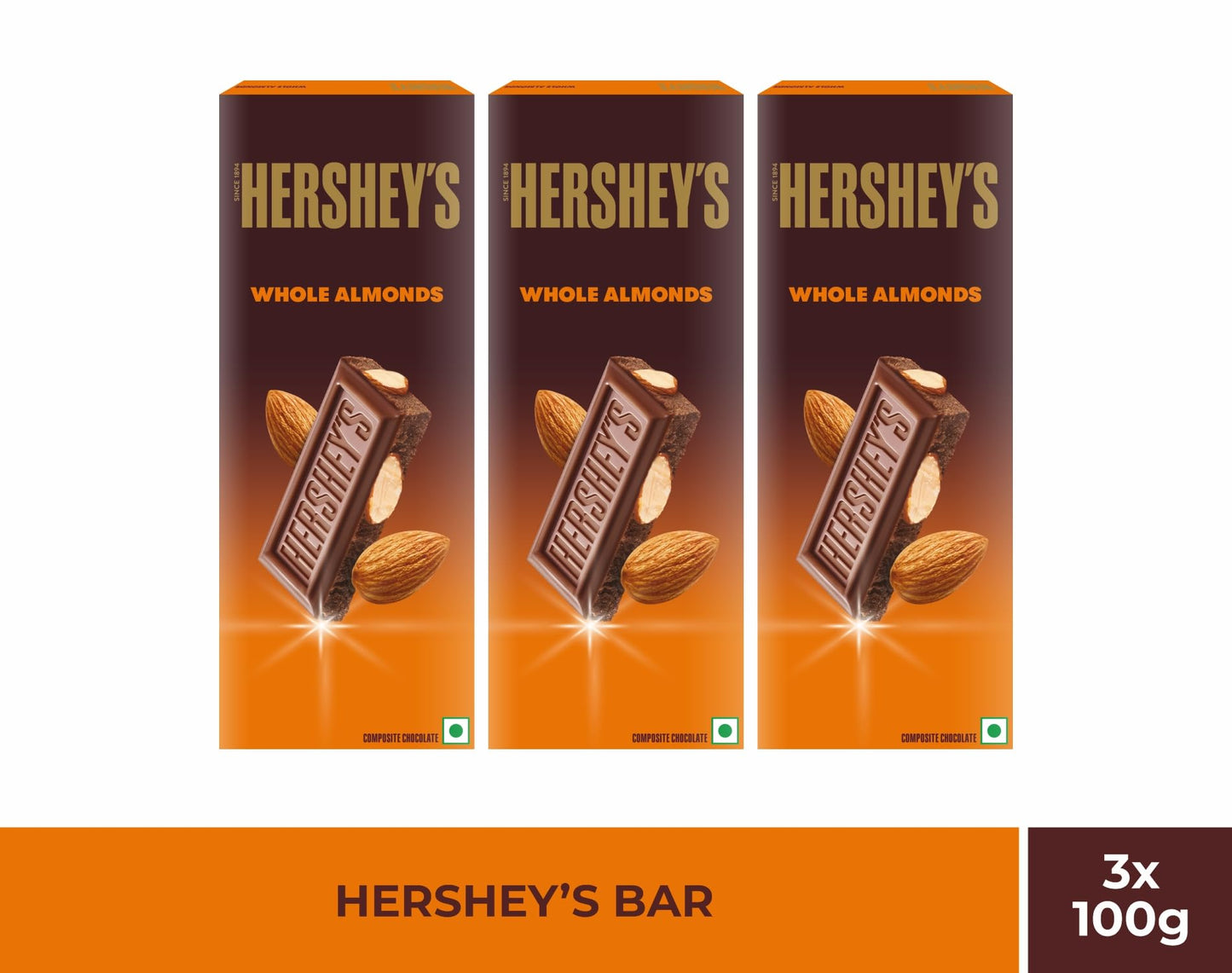 Hershey's Whole Almonds Chocolate Bar, 100 grams (Pack of 3)