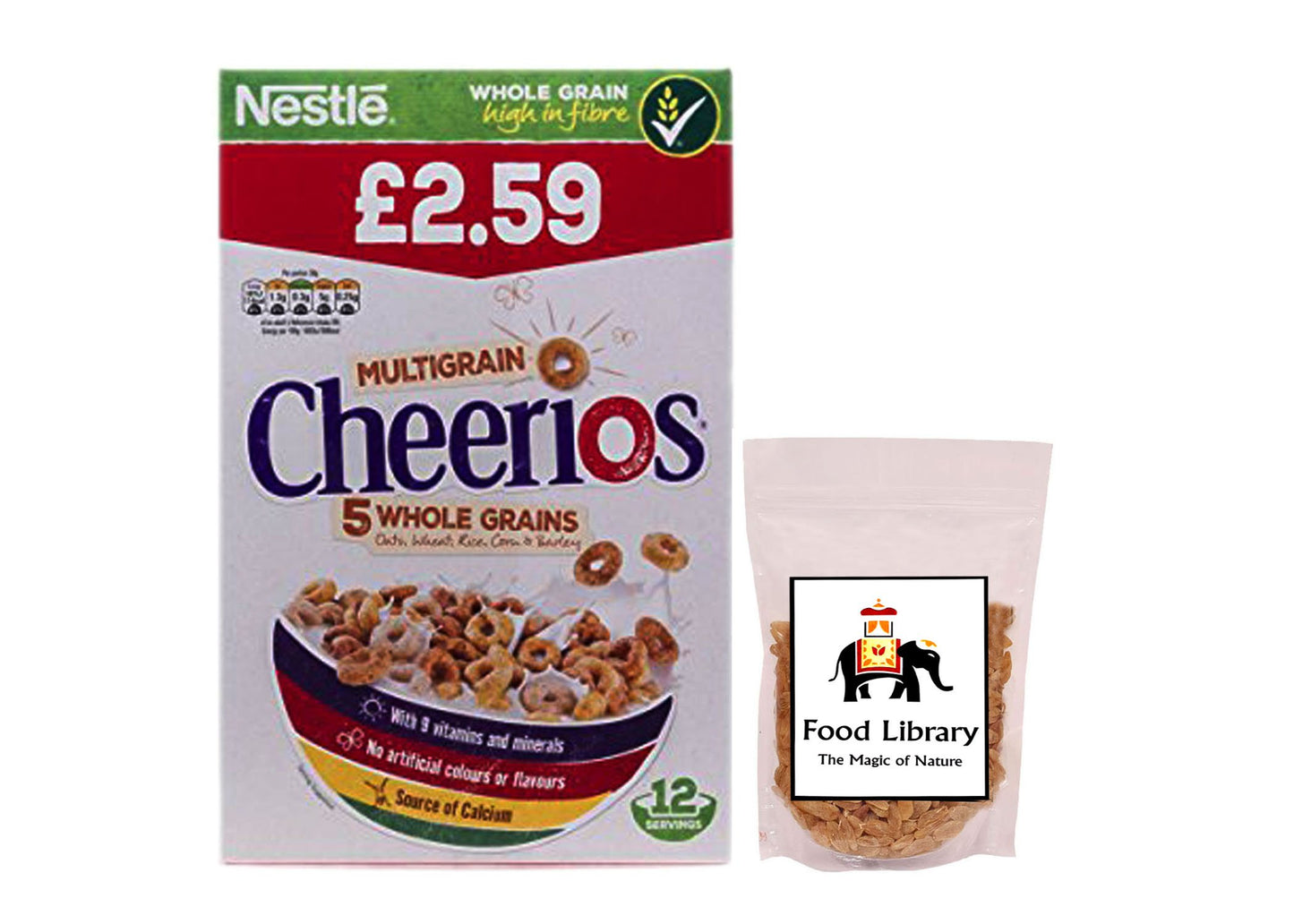 Combo of 5 Whole Grains Cereal (Imported), 375g + Food Library Raisins, 100g