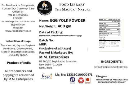 Food Library The Magic Of Nature Premium Egg Yolk Powder - Rich, Natural, and Versatile Cooking Ingredient, 100% Pure, 400gm