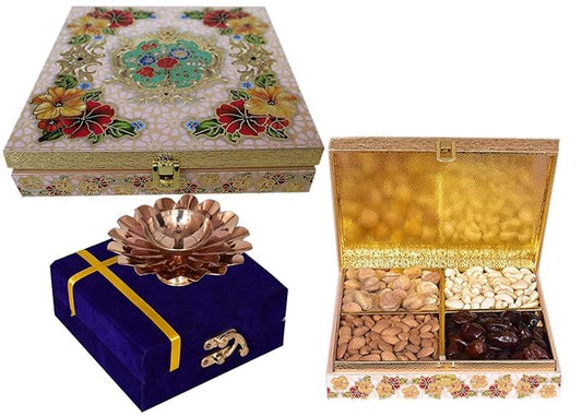 Food Library The Magic of Nature Diwali Special Dry Fruit Pack Gift Hamper (Dry Fruit with Brass Lotus Diya)