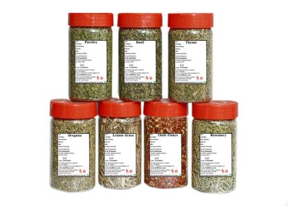 FOOD LIBRARY THE MAGIC OF NATURE Combo Of Dried Lemon Grass, Chilli Flakes, Oregano, Basil, Parsley, Rosemary & Thyme Seasoning/Herbs Sprinkler, - 300 Gram
