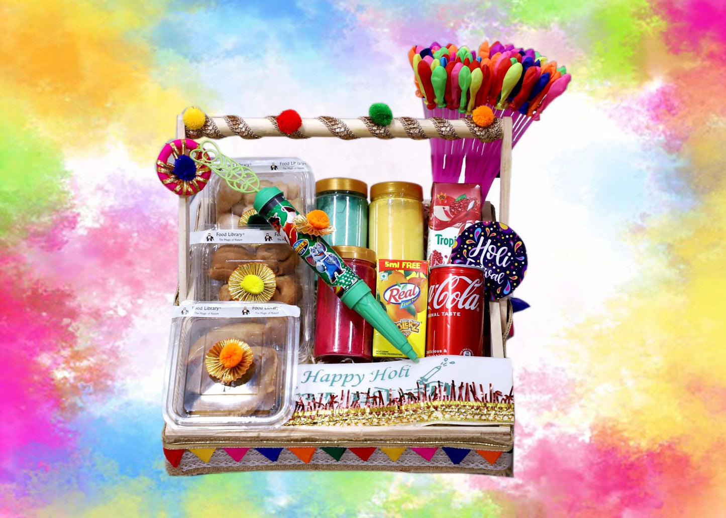 Food Library The Magic Of Nature Holi Gift Hamper | Gift Box | Festival Celebration Gift | Sweet & Namkeen Gift Box | Corporate Hamper | Colourful Pinewood with Handle Festival Gift Tray.