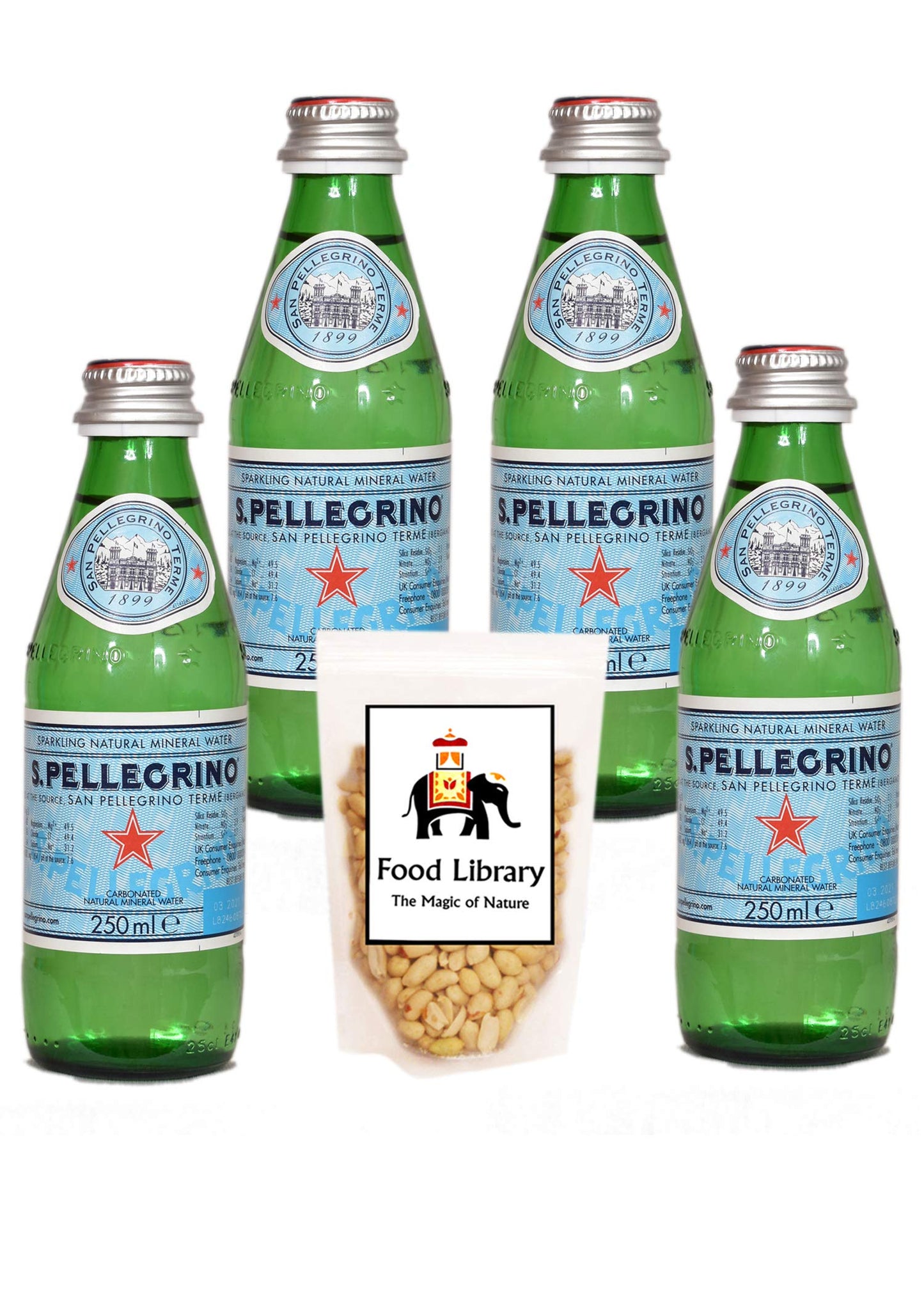 Food Library The Magic of Nature Combo of S.Pellegrino Sparkling Natural Mineral Water - Glass Bottle, 250ml (Pack of 4) & Free Salted Peanuts, 200g
