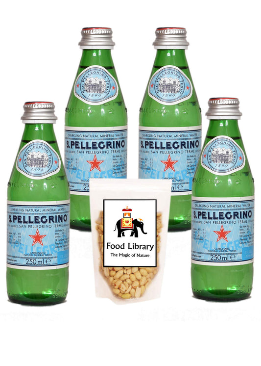 Food Library The Magic of Nature Combo of S.Pellegrino Sparkling Natural Mineral Water - Glass Bottle, 250ml (Pack of 4) & Free Salted Peanuts, 200g