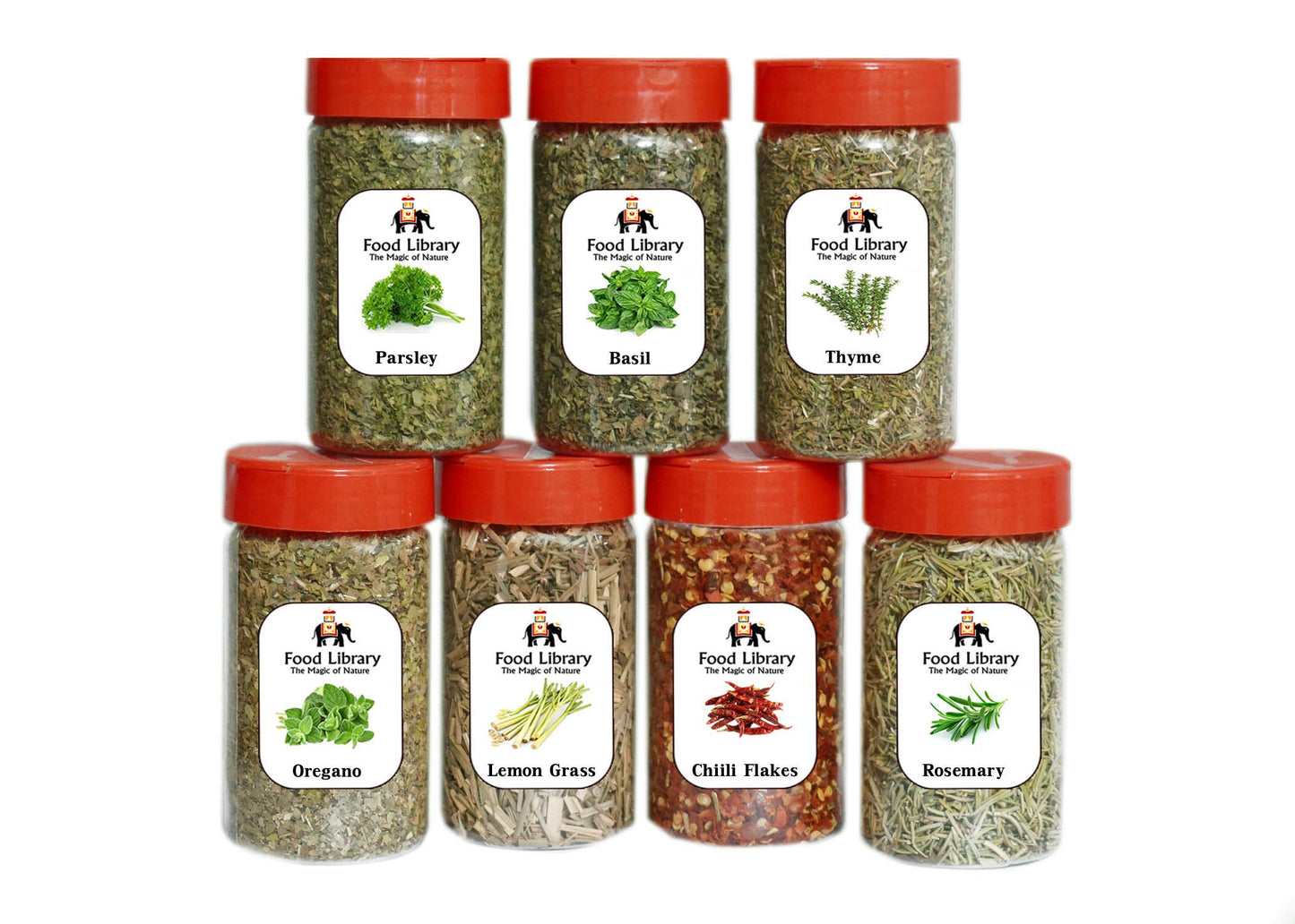 FOOD LIBRARY THE MAGIC OF NATURE Combo Of Dried Lemon Grass, Chilli Flakes, Oregano, Basil, Parsley, Rosemary & Thyme Seasoning/Herbs Sprinkler, - 300 Gram
