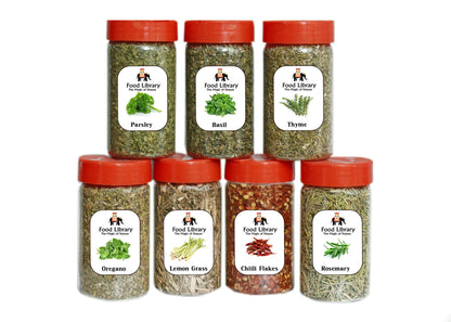 FOOD LIBRARY THE MAGIC OF NATURE Combo Of Dried Lemon Grass, Chilli Flakes, Oregano, Basil, Parsley, Rosemary & Thyme Seasoning/Herbs Sprinkler, - 300 Gram
