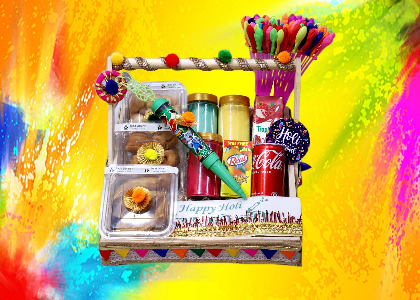 Food Library The Magic Of Nature Holi Gift Hamper | Gift Box | Festival Celebration Gift | Sweet & Namkeen Gift Box | Corporate Hamper | Colourful Pinewood with Handle Festival Gift Tray.