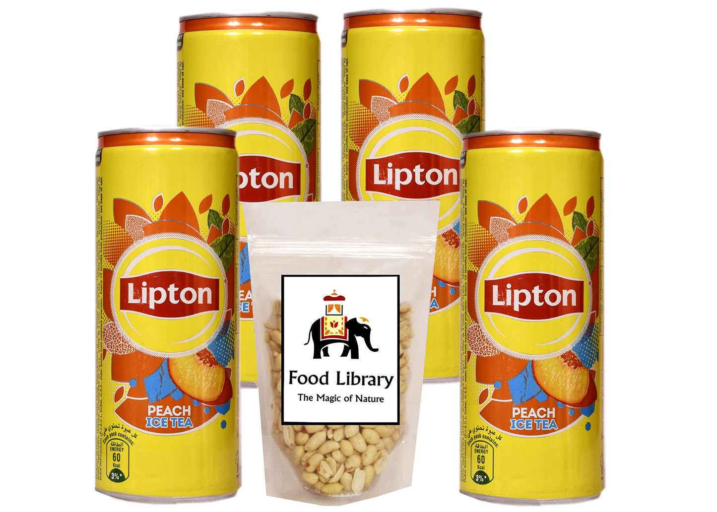Lipton Peach Iced Tea (Imported), 240ml - Pack of 4 Cans + Food Library Roasted Salted Peanuts, 200g