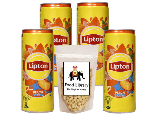 Lipton Peach Iced Tea (Imported), 240ml - Pack of 4 Cans + Food Library Roasted Salted Peanuts, 200g